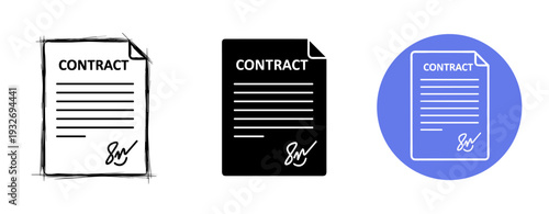 Three variations of contract icons: sketch, solid black, and blue circle
