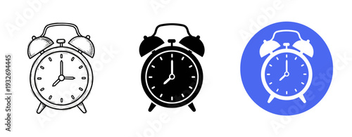 Vintage alarm clock icons: black and white, color variants on white background
