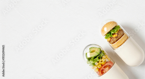 Wallpaper Mural Top view transparent capsules with burger and fresh salad on white background, food as medicine concept for nutrition supplement banner design Torontodigital.ca