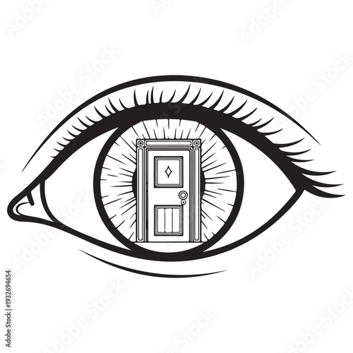 Surreal human eye illustration featuring a closed door within the pupil, symbolizing perception, hidden opportunities, and the gateway to the soul in a clean black and white line art style.