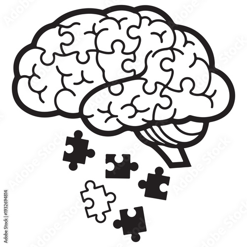 Human brain illustration composed of jigsaw puzzle pieces with falling segments representing cognitive decline, memory loss, and mental health challenges in a minimalist line art style.