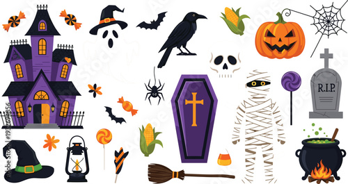 Halloween spooky elements collection with haunted house pumpkin ghost mummy coffin and witch accessories cartoon vector illustration set