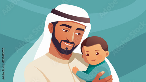 Arab father holding little son in arms smiling portrait on blue background flat vector illustration