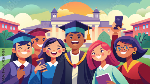 Happy diverse graduates taking selfie in front of university building at sunset celebrating achievement flat vector illustration