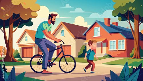 Father riding bicycle with little son walking to school in suburban neighborhood on sunny day flat vector illustration