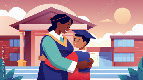 Happy graduation day with proud mother hugging son in cap and gown near school building at sunset flat vector illustration