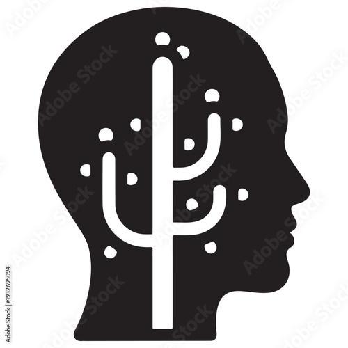 Human head silhouette with internal tree growth and neural connections symbolizing mental health awareness, personal growth, and cognitive development in a minimalist vector style.