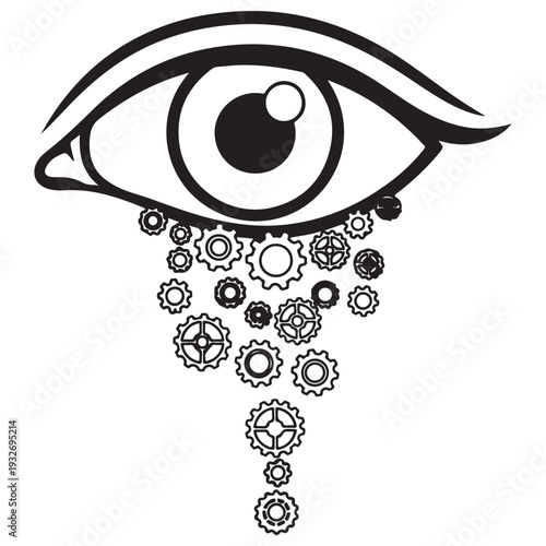Conceptual black and white line art illustration of a human eye crying mechanical gears and cogs, symbolizing industrial sorrow, artificial intelligence emotions, and mental burnout.