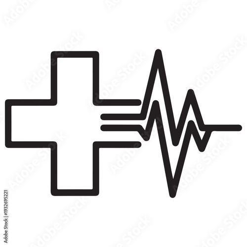 Medical cross and heartbeat ECG line icon representing cardiac health monitoring and emergency medical services in a minimalist black line art style for healthcare branding and apps.