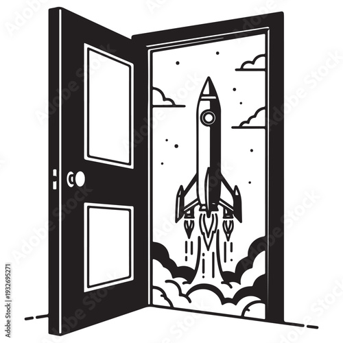 Minimalist rocket ship launching through an open doorway into outer space, representing a breakthrough and new beginnings, conceptual black and white line art for business growth and success.
