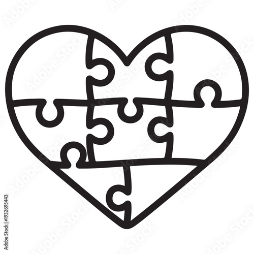 Minimalist Heart Shaped Jigsaw Puzzle Line Art Illustration Representing Love Unity and Mental Health Awareness Assembled Pieces Symbolizing Relationship Problem Solving and Connection