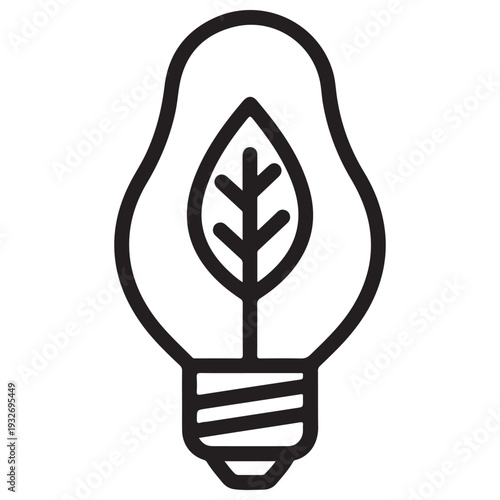 Minimalist black and white line art icon of a light bulb with a leaf inside, symbolizing green energy, sustainable innovation, and eco-friendly technology for environmental conservation.