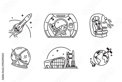 Commercial Spaceflight, Space Tourism and Civilian Space Travel Minimalist Mono-line Icon Set Vector Illustration