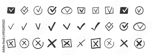Check mark doodle icon set. Checkmarks and confirm. Ok, yes sign for agreement, done. tick. Cross signs for checkbox, checklist, v in sketch.