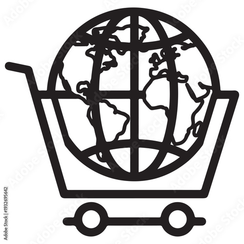 Global Shopping Cart Icon Representing International Trade and E-commerce Business Concepts in Minimalist Black Line Art Style on a Clean White Background for Web Design and Marketing.