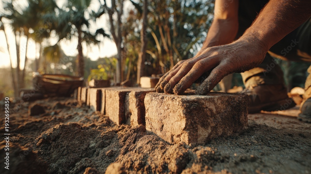 Fototapeta premium Worker places bricks in sunlight at a construction site during evening hours in a rural area