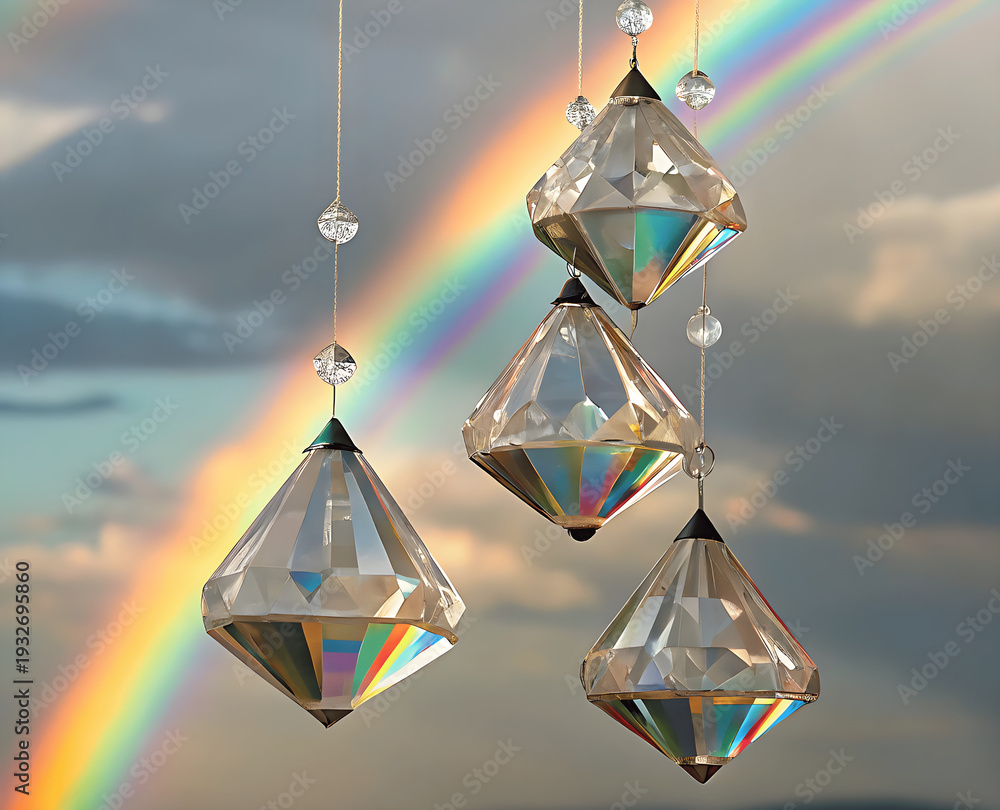 Naklejka premium Crystal prisms refracting rainbow light in cloudy sky