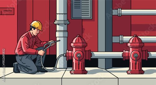 Illustration of a worker wearing a yellow hardhat connecting a hose to a vibrant red fire hydrant on a city sidewalk, with red walls and pipes in the background.