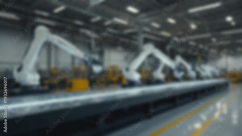 Fototapeta premium Blurred background of Automated robotic arms stacking polished nickel slabs in high-tech warehouse, precision engineering details with LED indicator lights and metallic reflections, modern refinery.