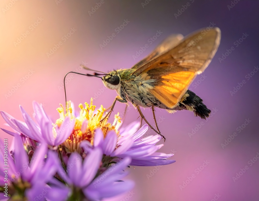Fototapeta premium Hummingbird Hawk-Moth Feeding on Aster Flower Nectar.