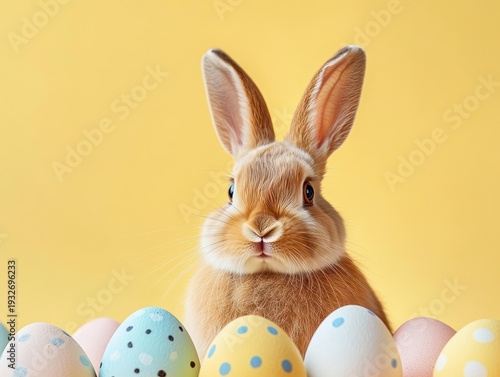 Curious fluffy brown rabbit with large ears surrounded by pastel painted eggs on a bright yellow background