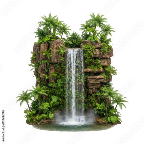 Tropical Island Waterfall with Palm Trees