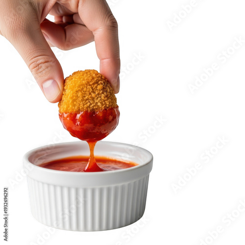 Dipping Fried Chicken Nugget in Red Sauce