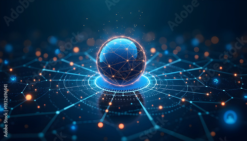 Futuristic AI Sphere with Glowing Network Connections, Artificial Intelligence, Big Data Visualization, Digital Transformation, Innovation Technology Concept