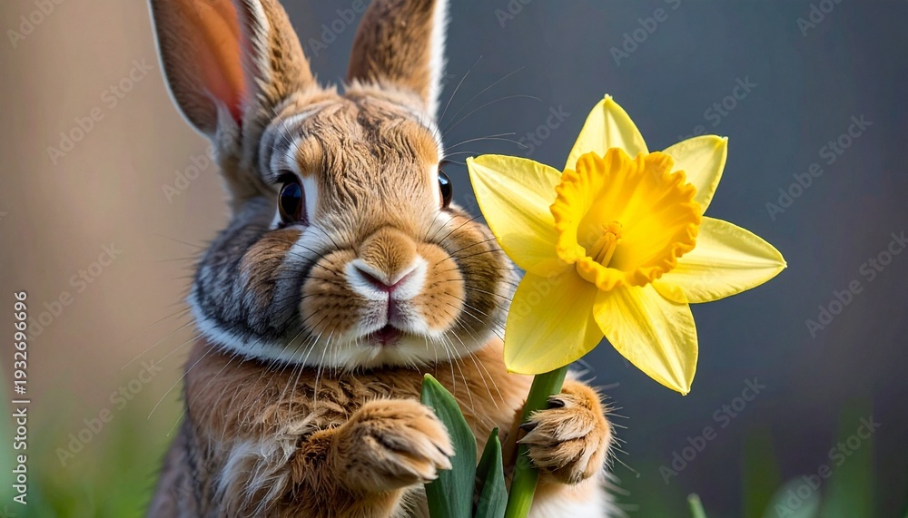 Fototapeta premium A rabbit holding a lily or daffodil. 