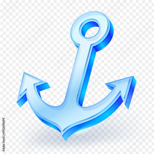 3D stylized blue glass anchor icon isolated on transparent background. Nautical symbol representing maritime, stability, navigation and sea travel. Modern minimal design vector illustration.