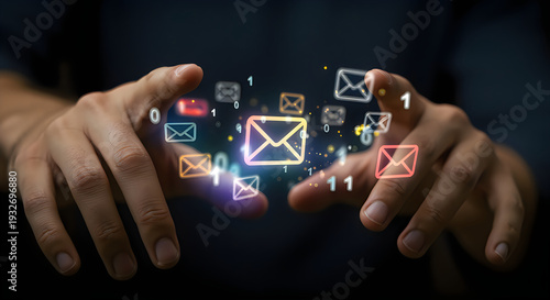 person holding digital emails and numbers in hands