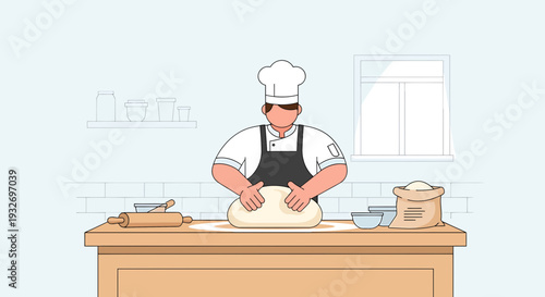 Baker Kneading Dough in Kitchen - Professional Chef Preparing Bread