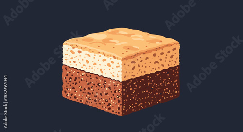 Square piece of two-layer sponge cake with a light top and dark chocolate bottom isolated on a dark blue background.