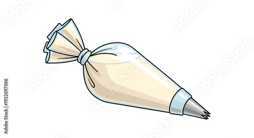 Pastry bag filled with white cream or icing and a metal nozzle tip for decorating cakes isolated on white background.