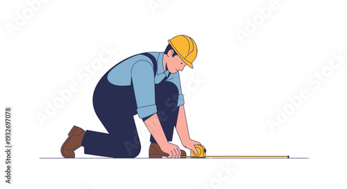 Construction worker measuring with a tape measure, wearing hard hat and overalls