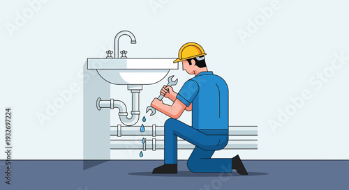 Plumber fixing leaking sink pipes with wrench, home repair service, maintenance work