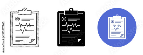 Three abstract medical clipboards with ecg lines in black and white