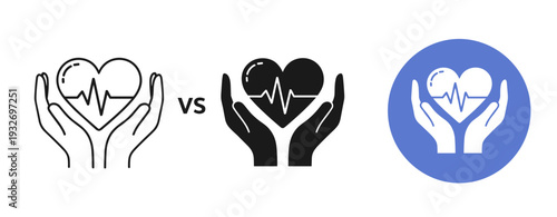 Comparison of heartbeat symbol with hands: outline, solid, and blue-circle design