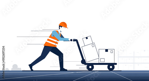 Warehouse worker pushing trolley with boxes, logistics and delivery concept