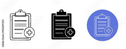 Medical clipboard icons: outline, solid, and colored versions