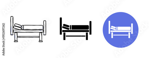 Set of bed icons in sketch, solid, and circular blue variants