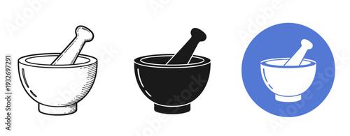 Set of mortar and pestle icons in various styles on white background
