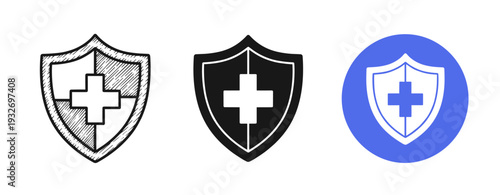 Medical shield icons: sketch, solid, and blue circle designs