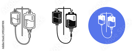 Medical iv drip icons in black, white, and blue on white background