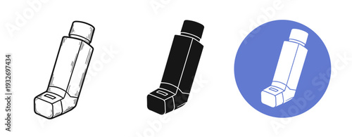 Inhaler icon set: black, white, and blue variations on white background