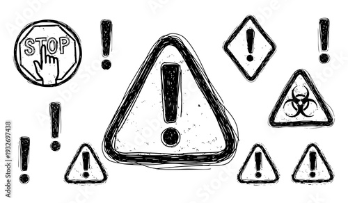 A set of warning signs and exclamation marks in a hand-drawn style