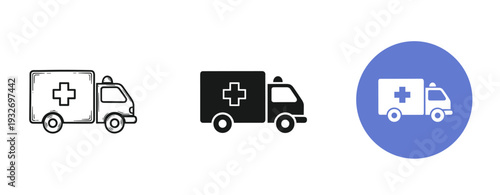 Variety of ambulance icons: outline, solid, and circular in blue