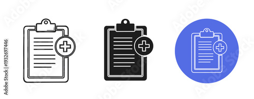 Medical clipboard icon set with plus symbol in different styles