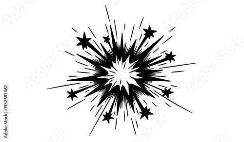 A black and white vector graphic illustration of a starburst explosion