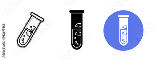Set of three test tube icons in various styles with measured liquid levels